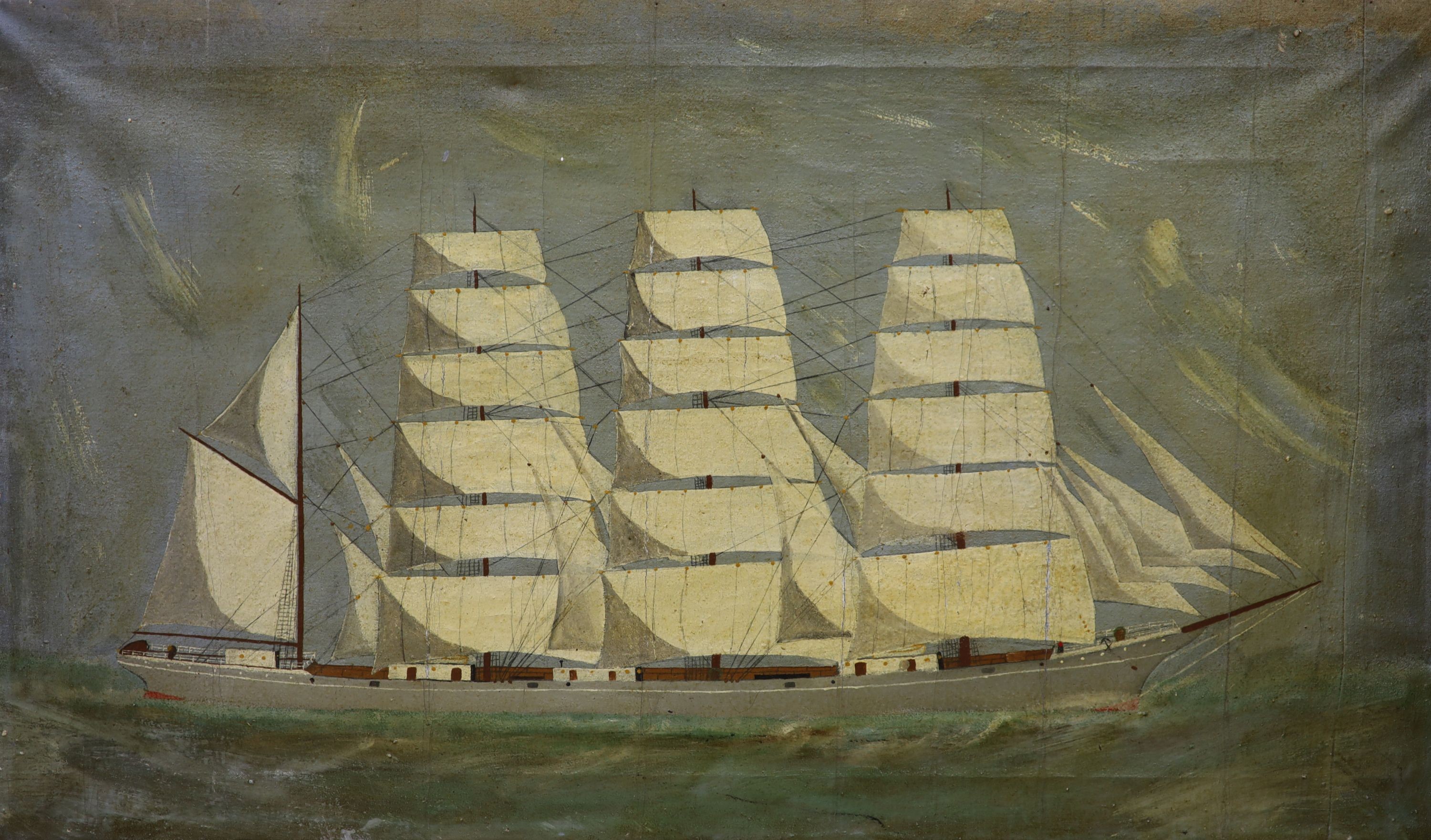 English Primitive School, oil on canvas, Clipper ship at sea, 51 x 88cm.